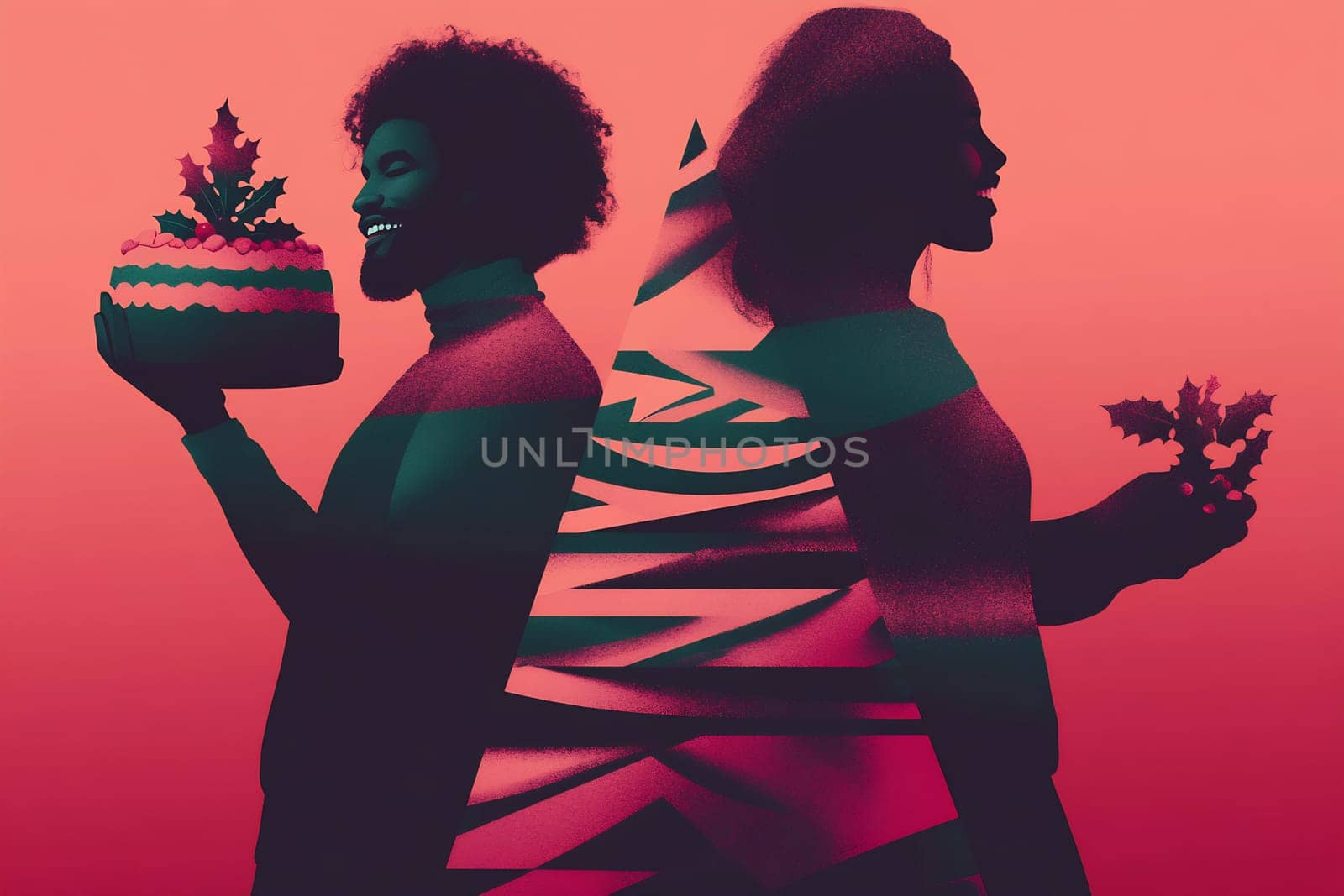 A couple stands back-to-back in a colorful display, showcasing a cake and holiday decorations, embodying festive spirit and joy.