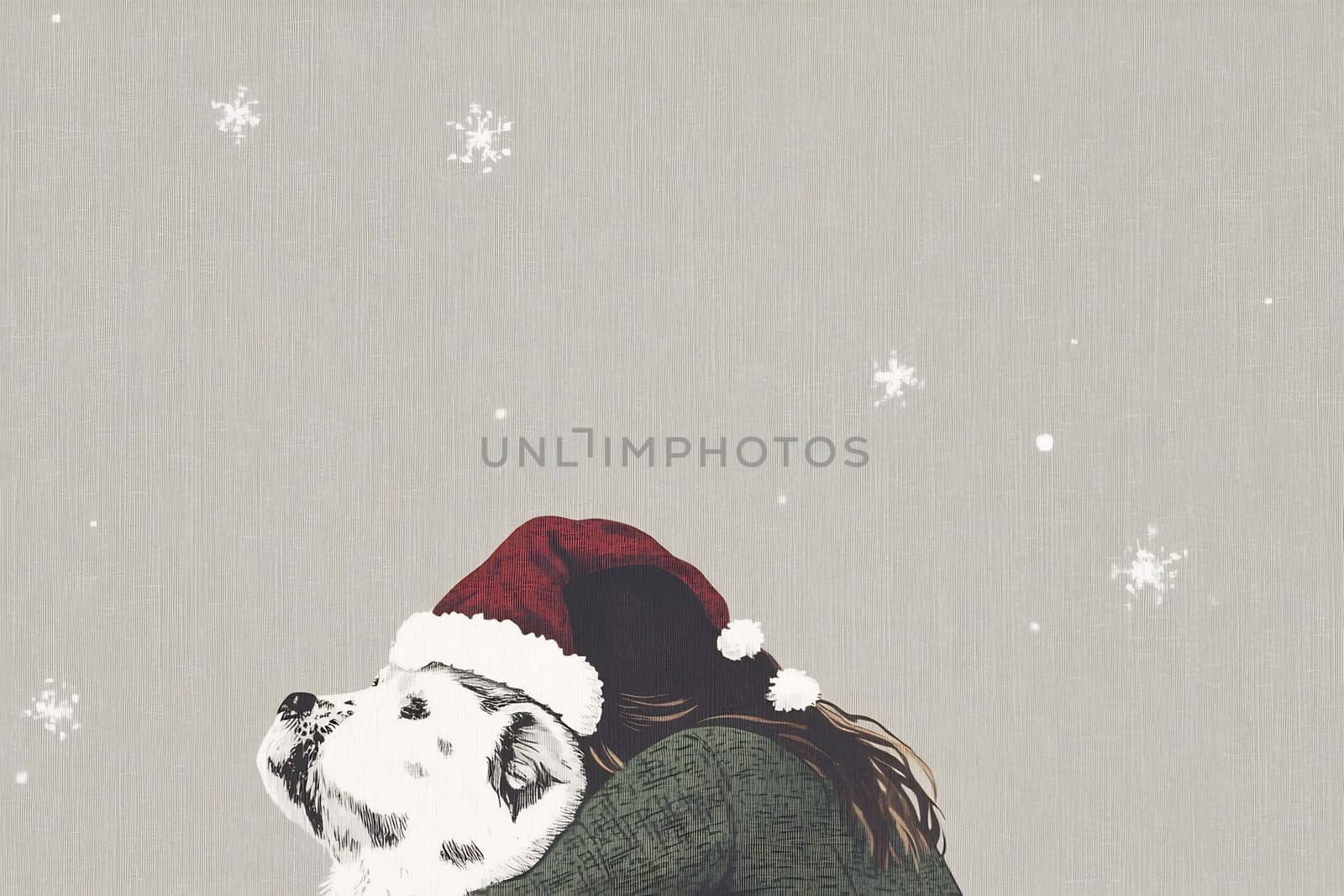 A girl wearing a festive hat hugs her dog, surrounded by gentle snowflakes, creating a cozy winter atmosphere of love and joy.