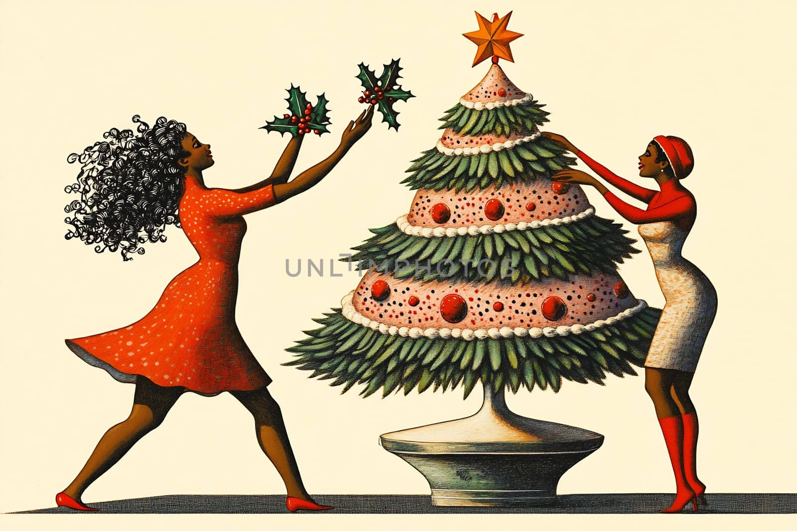 Two women joyfully decorate a Christmas tree with colorful ornaments and fresh holly, celebrating the holiday spirit indoors.