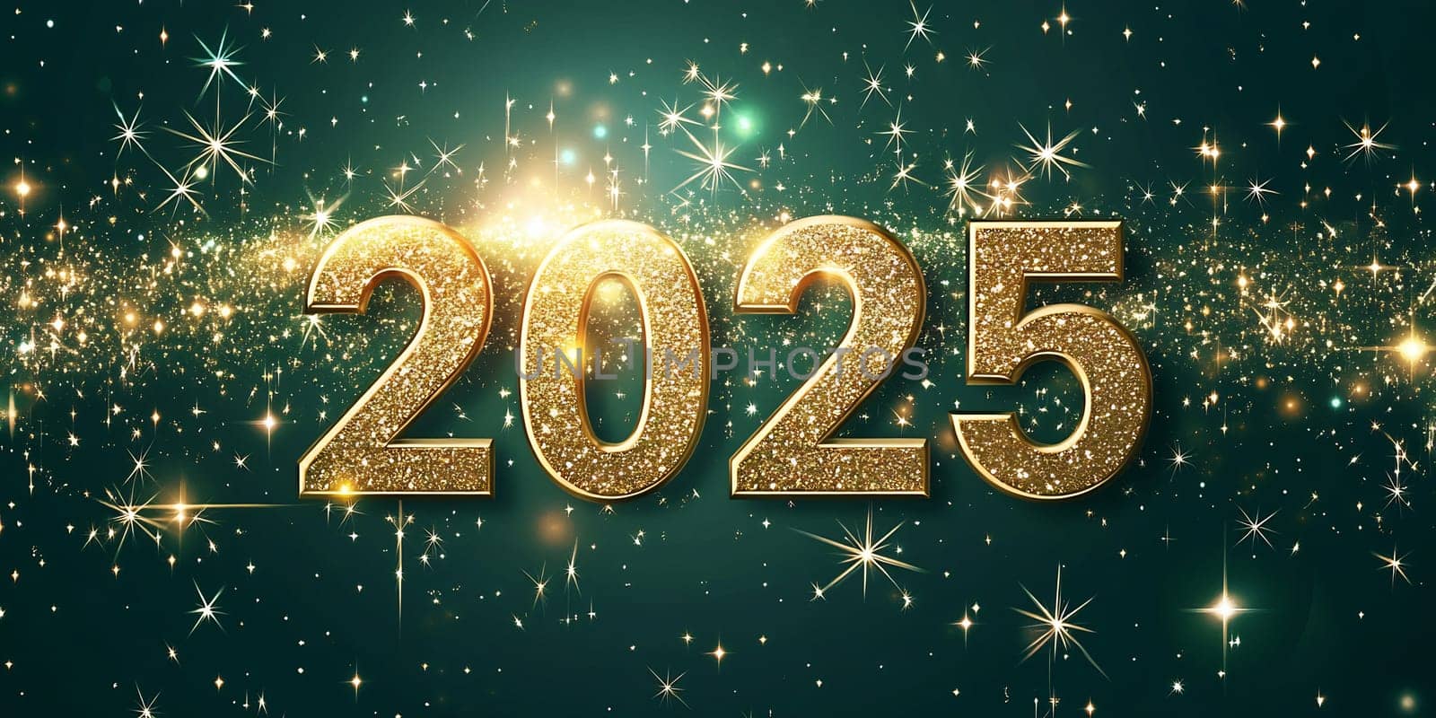 The celebration embraces the arrival of 2025 with shimmering golden numbers and radiant sparkles in a vibrant atmosphere.