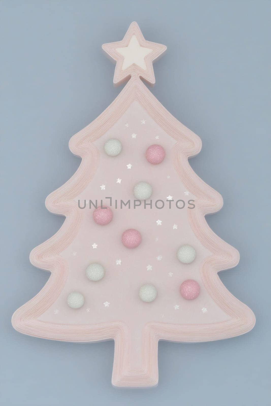 A pastel Christmas tree shaped decoration adorned with colorful polka dots rests against a soft blue backdrop, creating a festive vibe.