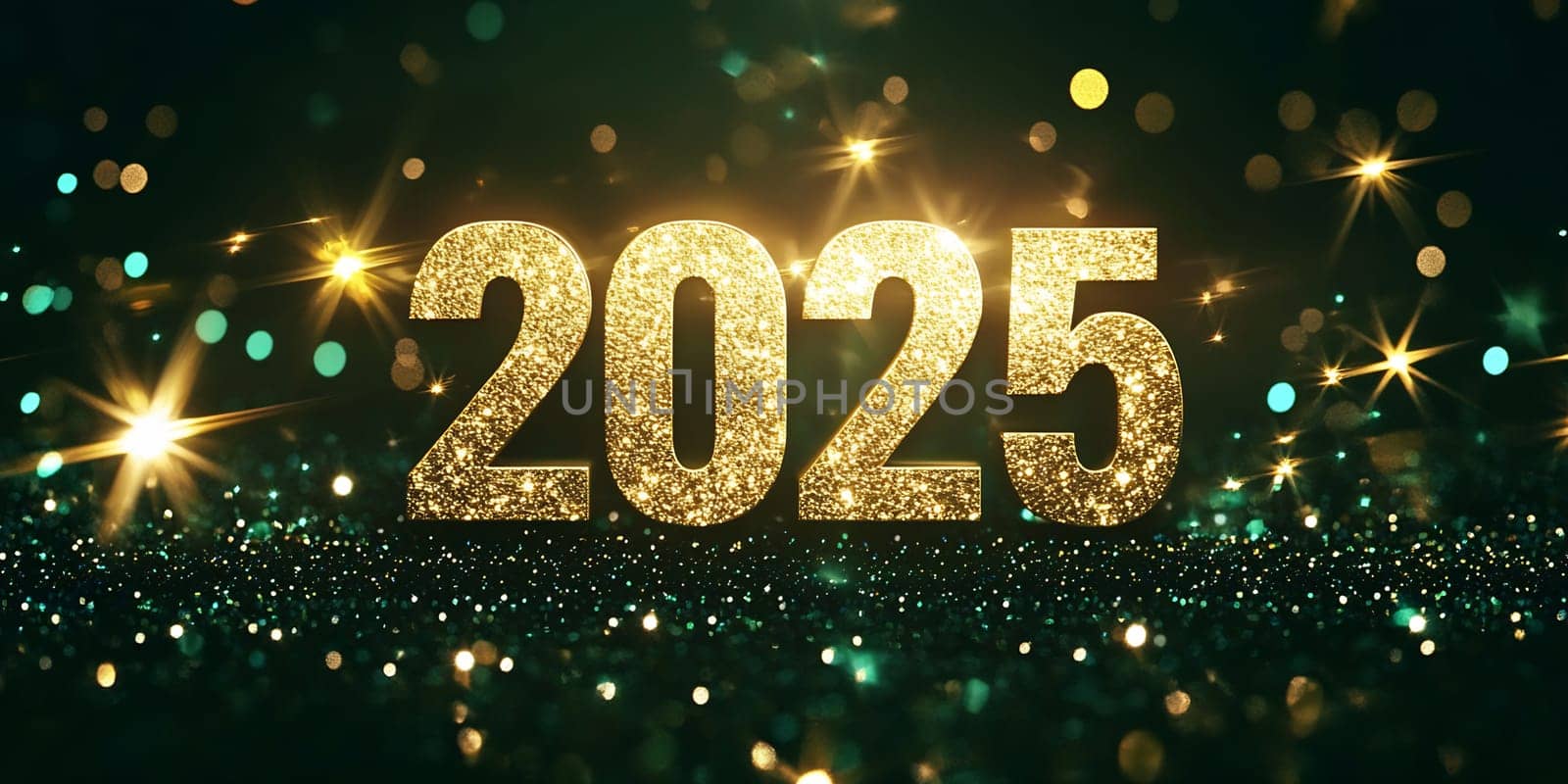 The bright golden numbers representing 2025 shine against a shimmering, festive background filled with sparkles and soft lights.