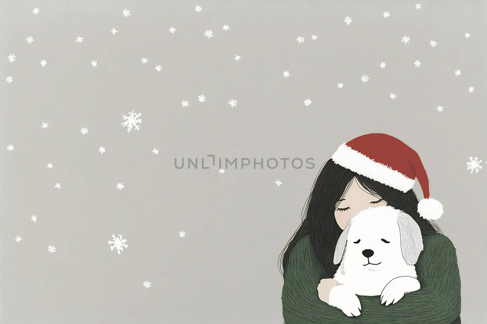 A girl joyfully holds her white puppy close while snow gently falls around them in a festive winter atmosphere.