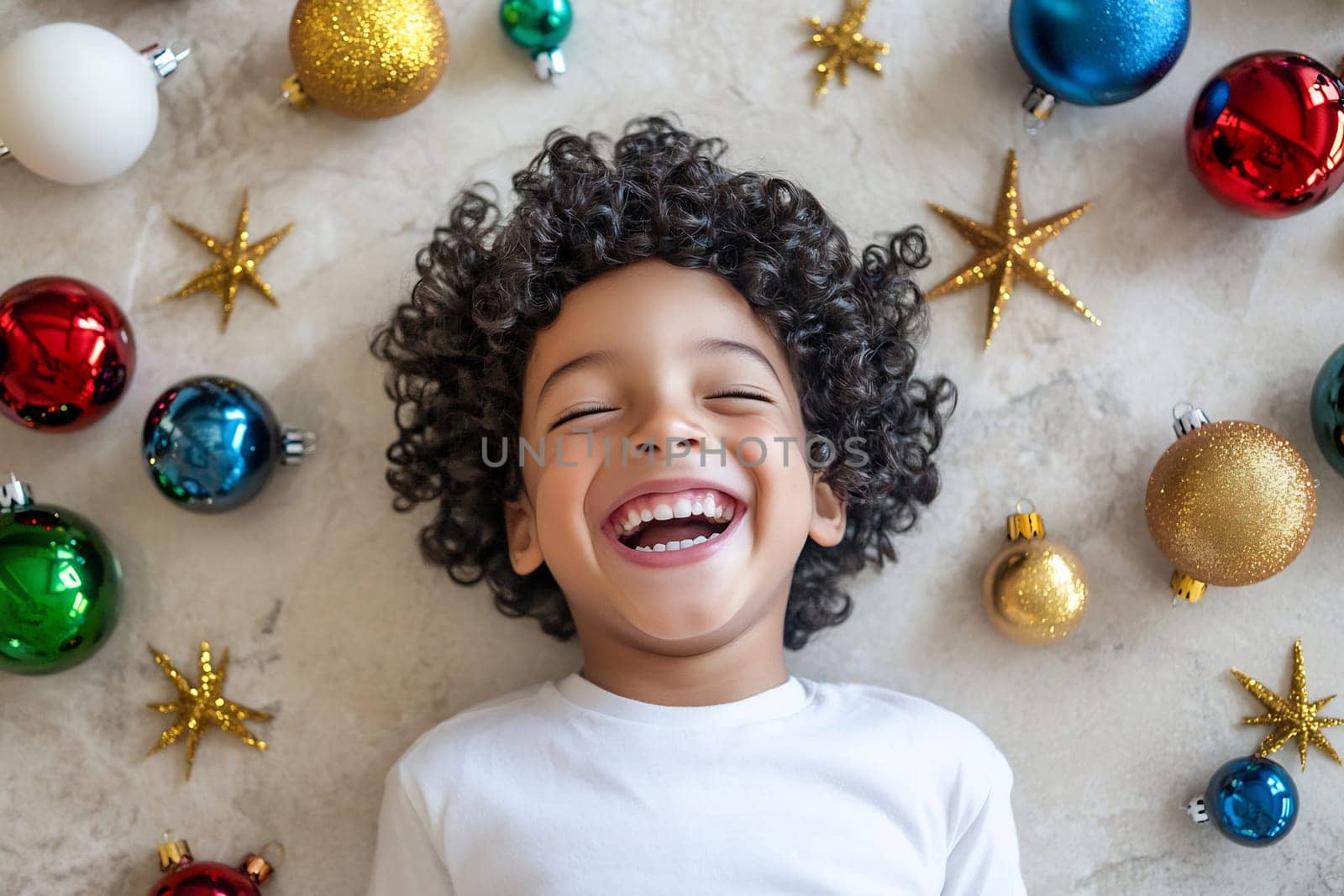 A cheerful young boy with curly hair laughs while lying on the floor amidst vibrant holiday decorations and ornaments.