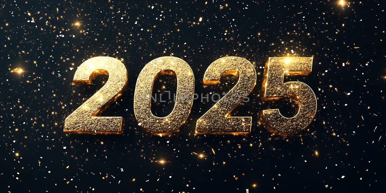 Shimmering gold digits signify the upcoming year 2025, surrounded by a dazzling display of sparkling particles and lights.