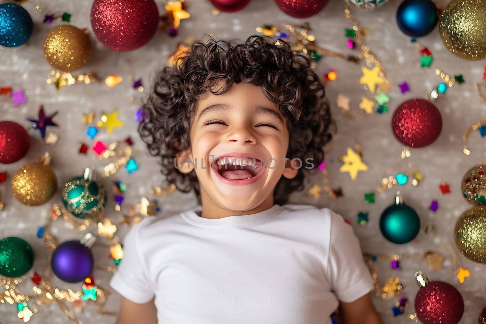A young boy with curly hair smiles brightly while lying amidst vibrant ornaments and sparkling decorations.
