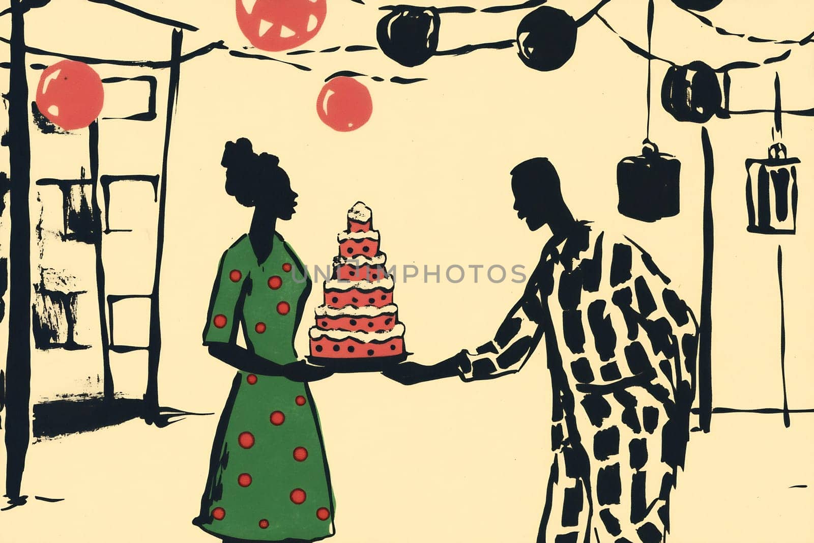 Two individuals joyfully share a beautifully decorated cake during a celebration in a vibrant, festively decorated environment.
