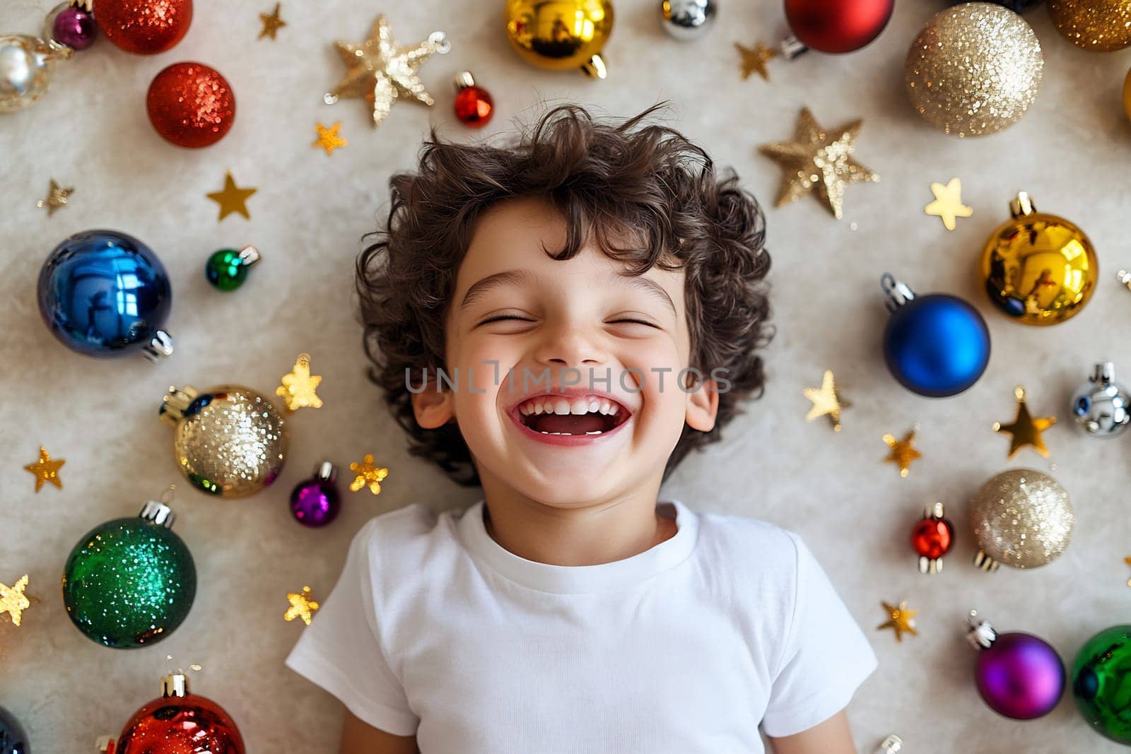 A cheerful young boy is smiling widely while lying on the floor, encircled by vibrant holiday decorations and shiny ornaments.