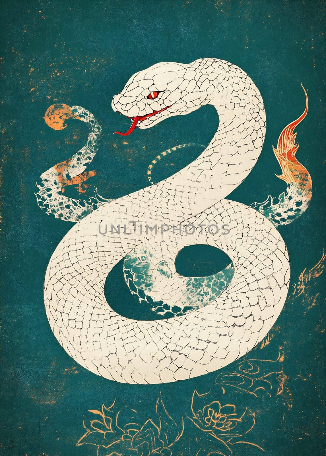 A detailed representation of a serpent, featuring intricate scales and vibrant colors set against a textured blue backdrop.