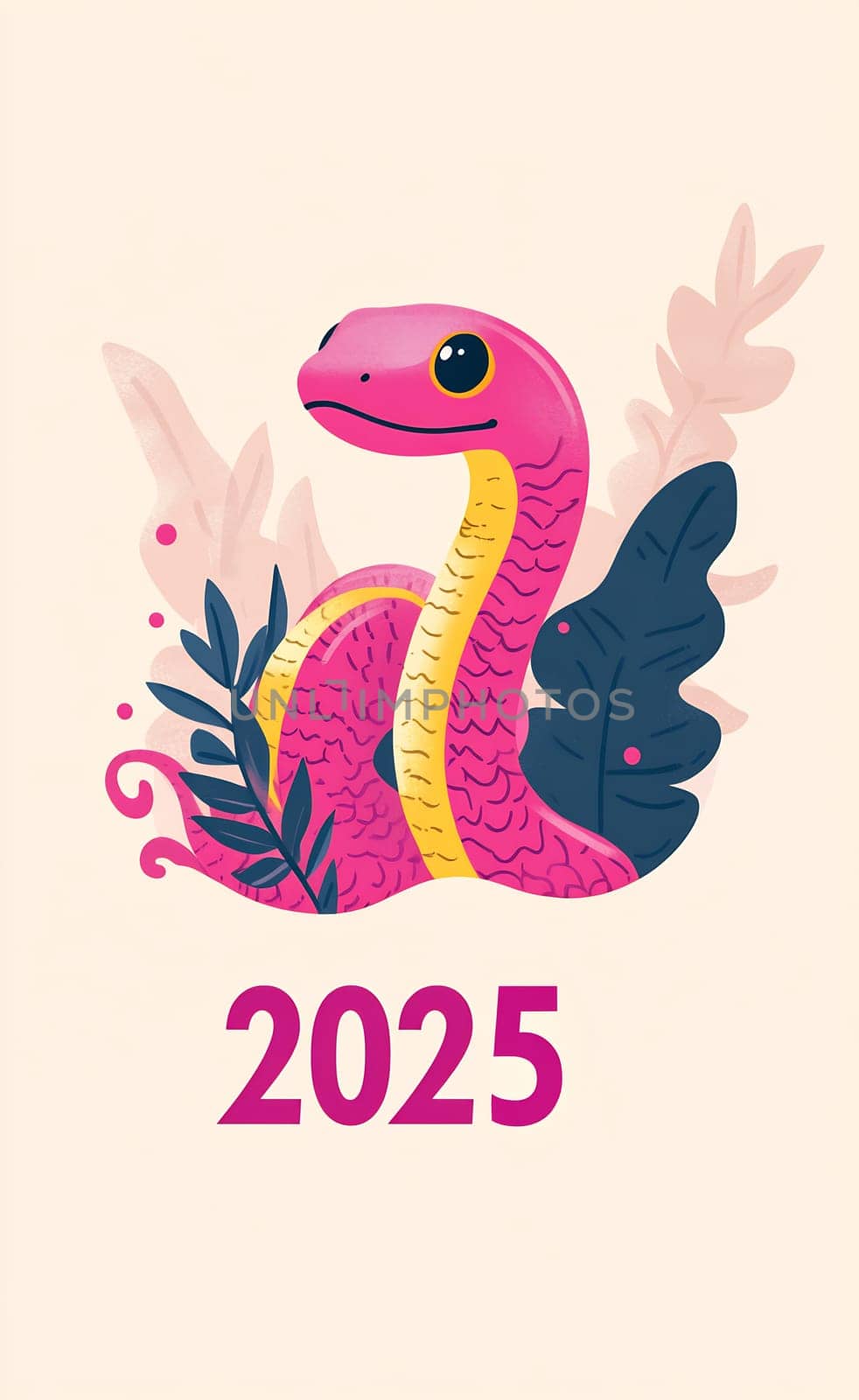 The vibrant pink snake coiled among green leaves symbolizes the year 2025 with a playful artistic touch.