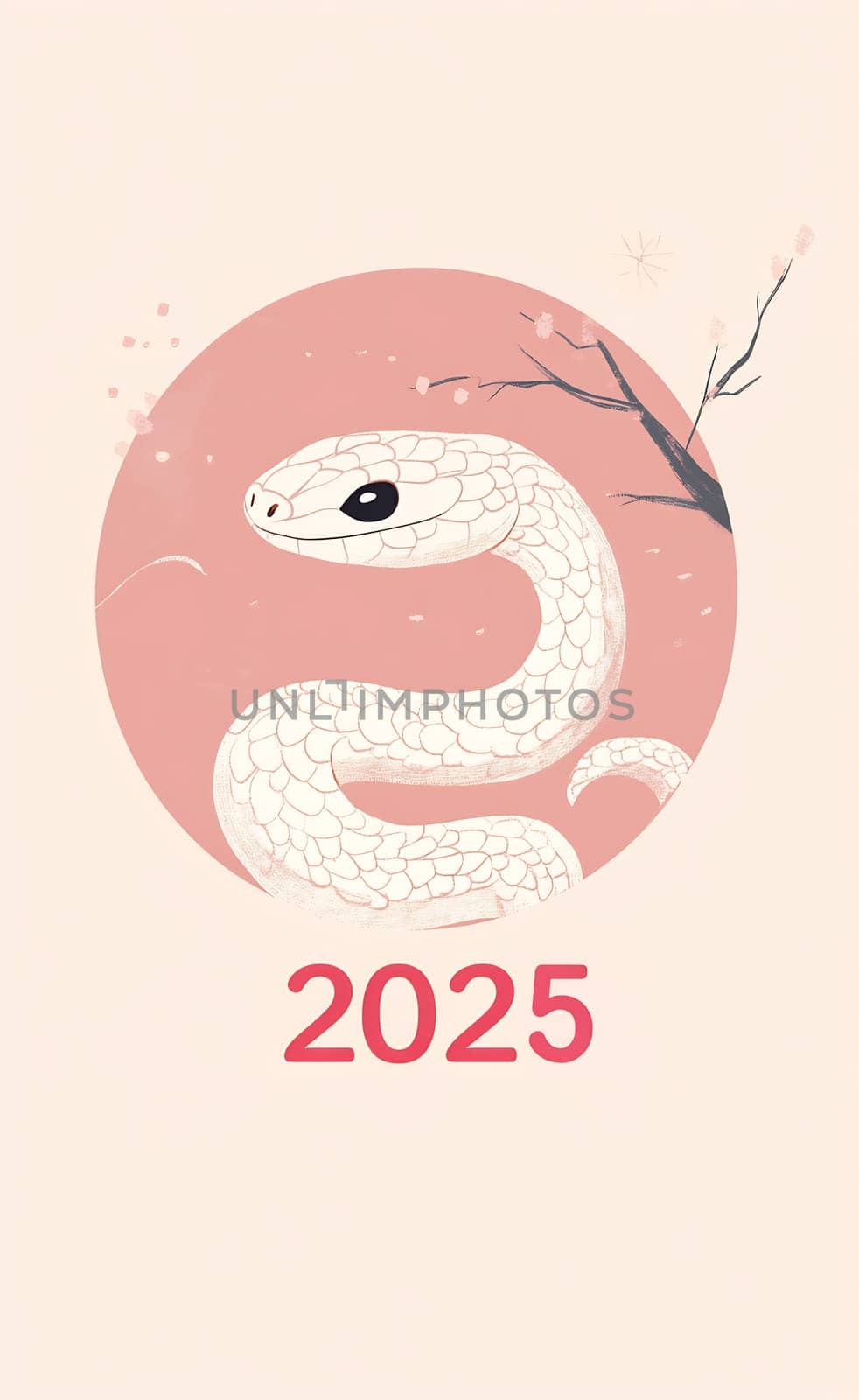 The design highlights a sleek white snake against a pink backdrop, symbolizing the upcoming year 2025 with subtle floral elements.