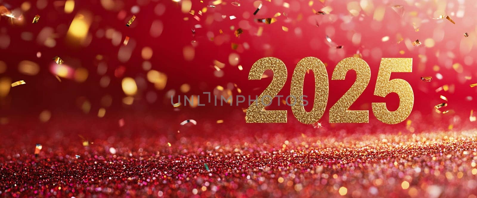 A lively display of sparkling confetti falling against a vibrant red background, highlighting the year 2025 in golden numbers.