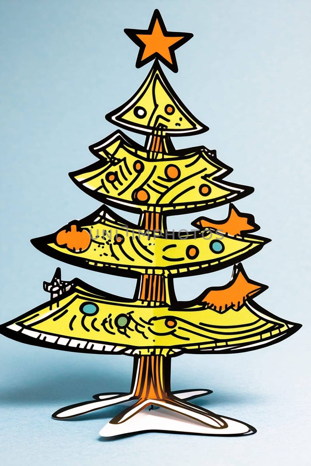 The vibrant paper Christmas tree showcases whimsical decorations and stands prominently, evoking festive cheer during the holidays.