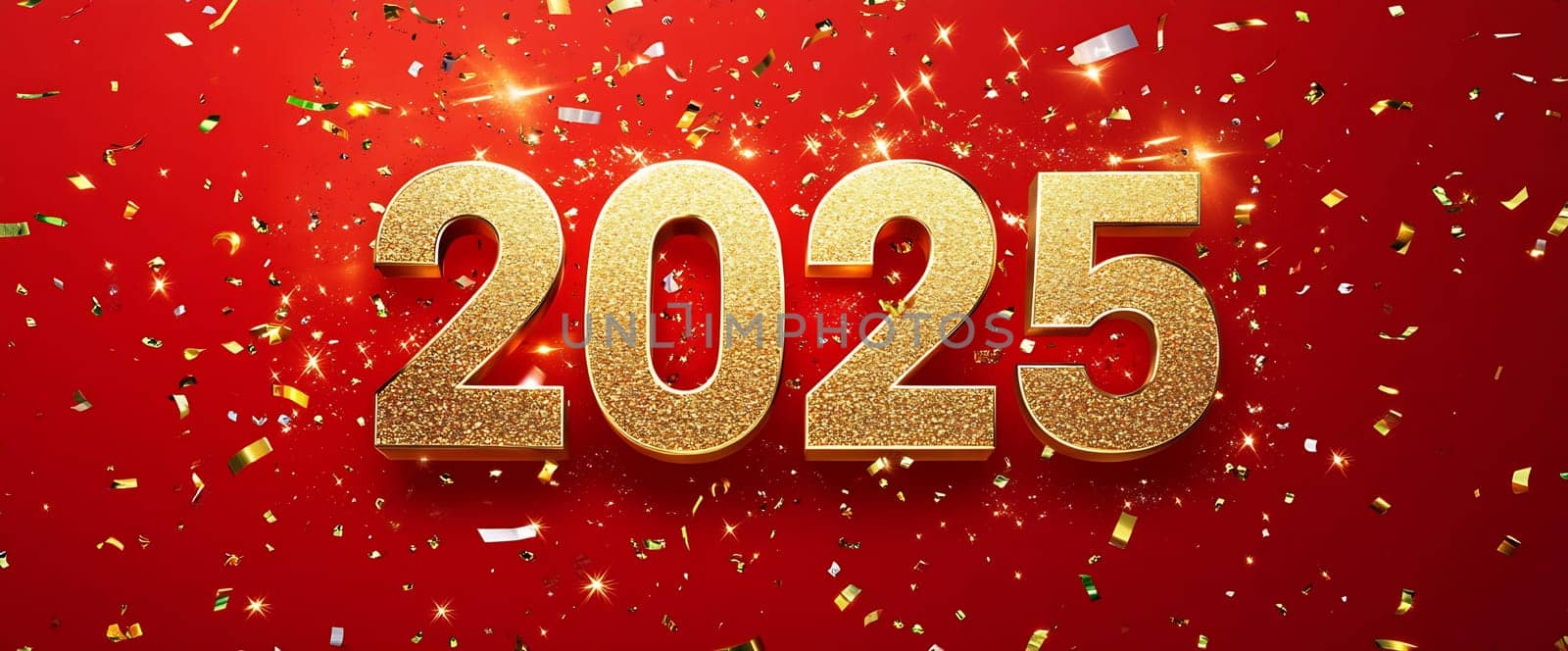 Decorated with sparkling gold confetti, the joyful anticipation of New Year 2025 highlights a celebratory atmosphere.