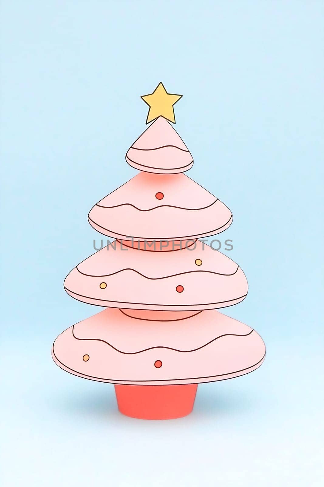 This pastel pink Christmas tree features layers and ornaments, showcasing a playful design that enhances the joyful holiday atmosphere.