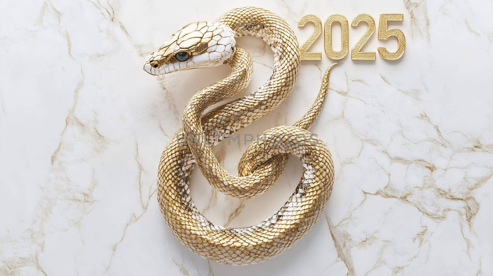 A beautifully designed golden snake twists gracefully next to the year 2025, set against a luxurious marble backdrop.