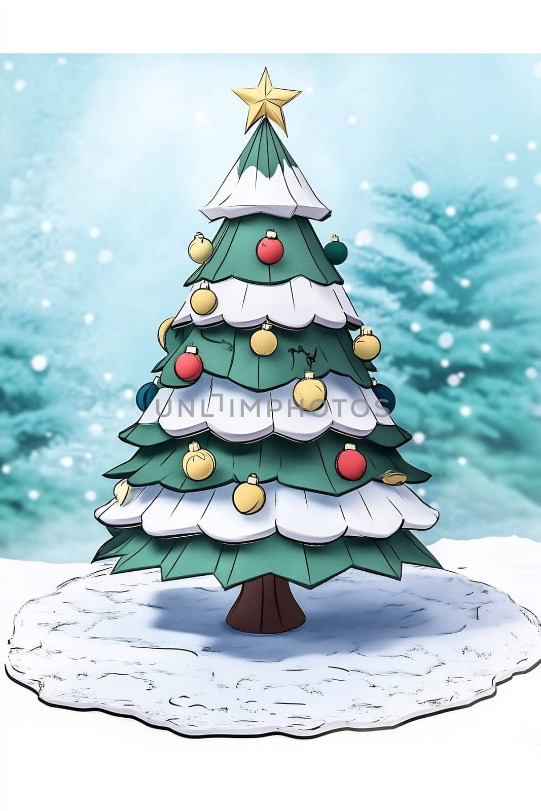 A festive Christmas tree, decorated with bright ornaments, stands in a snowy setting, evoking a joyful holiday atmosphere.