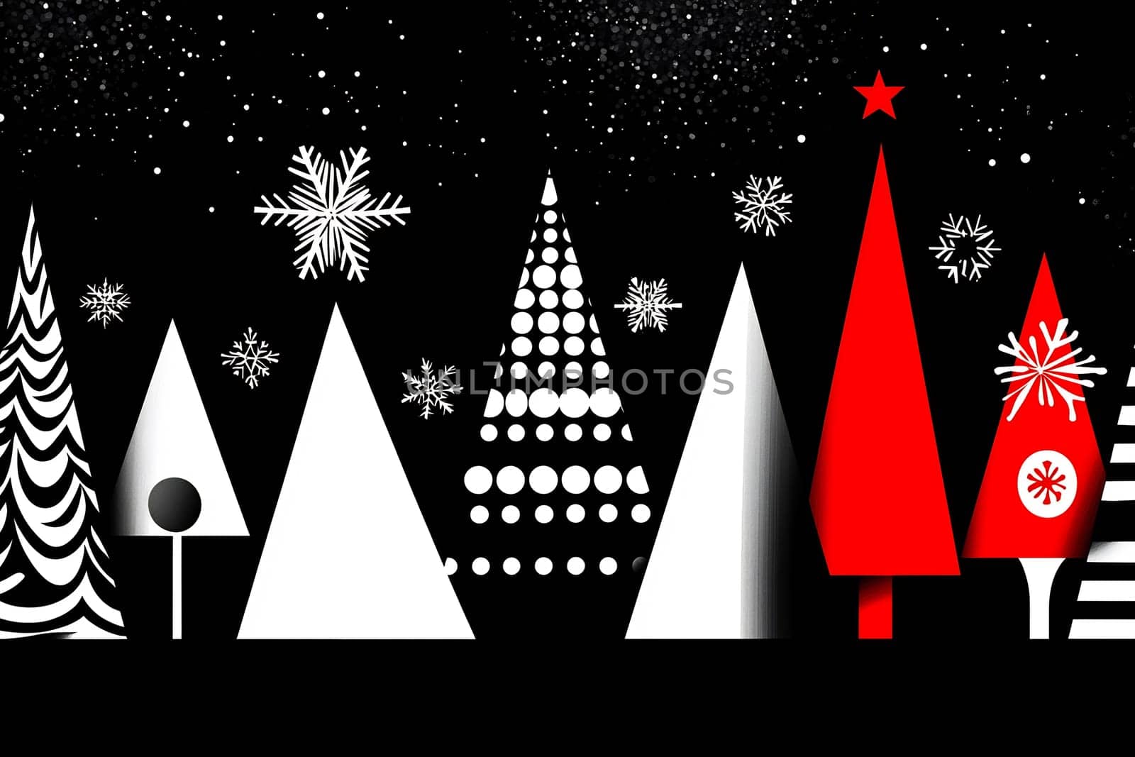 A vibrant winter landscape displays various Christmas trees and snowflakes, creating a festive atmosphere in a minimalist style.