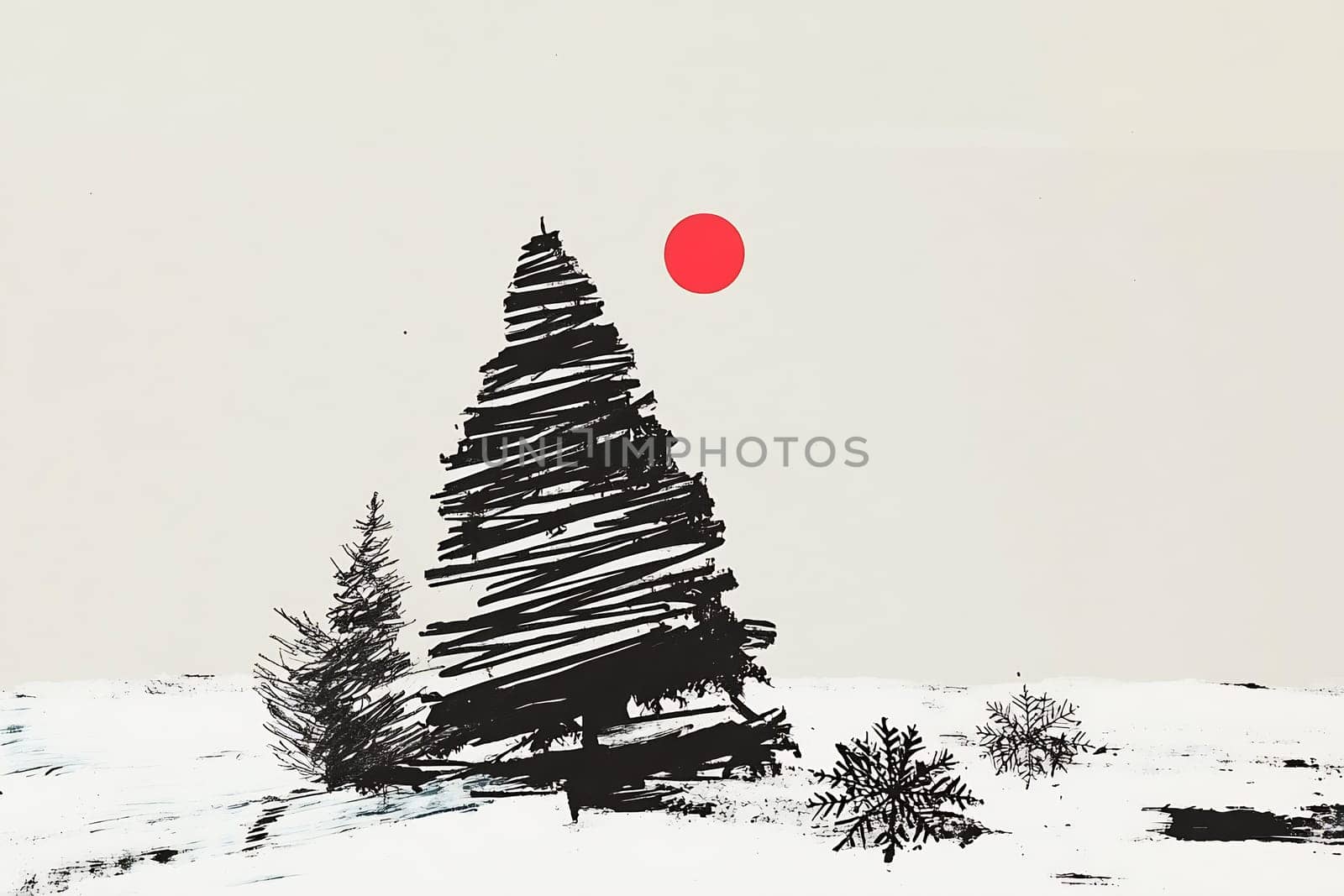 The artwork showcases a snowy scene with a large, stylized Christmas tree, complemented by a bright red sun in the sky.