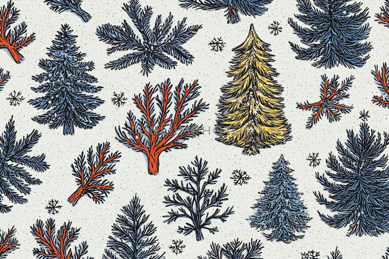 A collection of vibrant winter patterns displaying assorted trees and coral designs along with delicate snowflakes on a light backdrop.