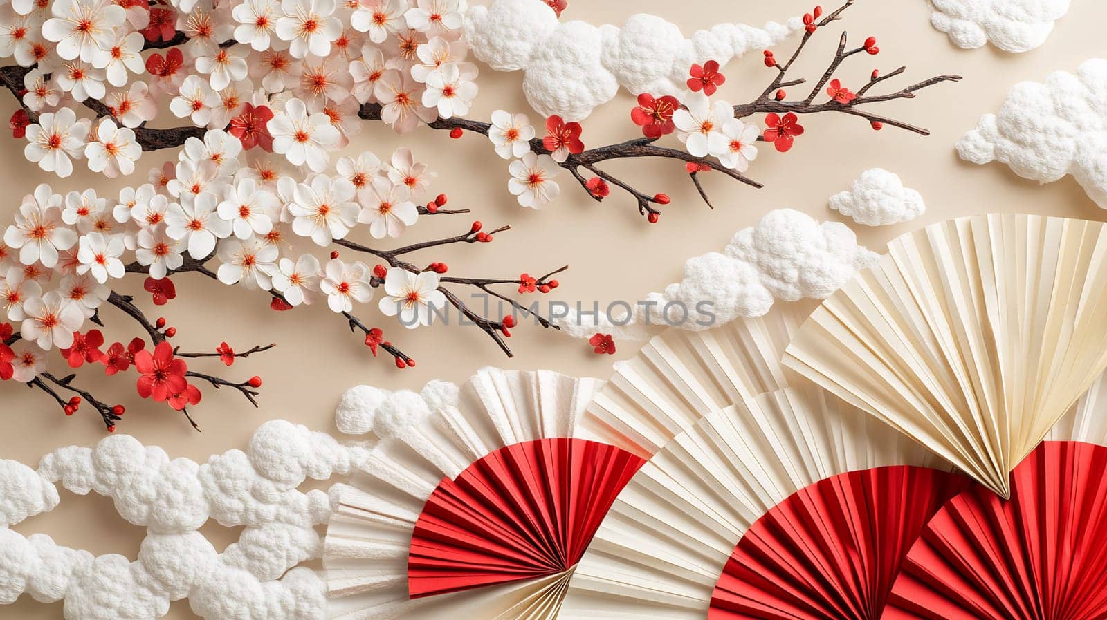 A beautifully arranged display features cherry blossoms and elegantly folded fans, creating a tranquil atmosphere of Japanese culture.
