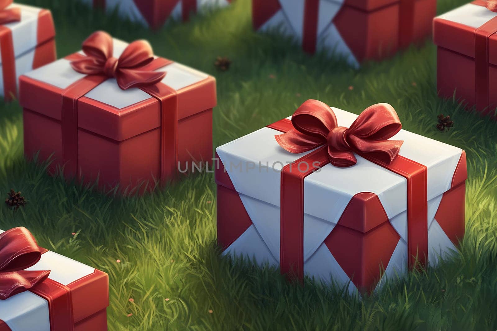 Beautifully wrapped gift boxes with vibrant red bows scattered across a green grassy area under clear skies in a cheerful atmosphere.