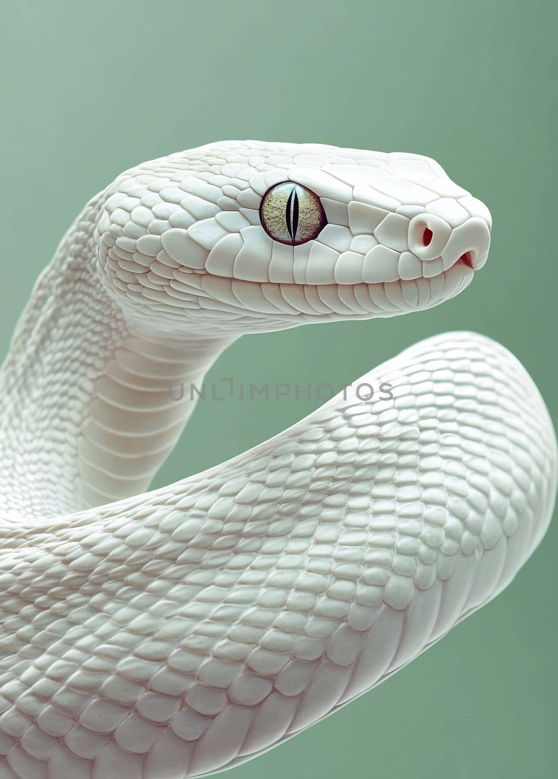 A unique white snake coils elegantly against a soft green backdrop, highlighting its intricate scales and captivating eyes.
