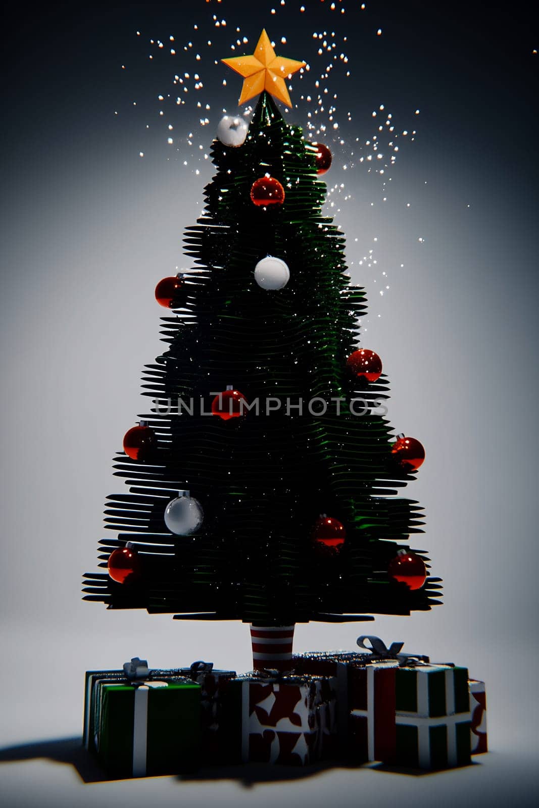 The Christmas tree is adorned with red and white ornaments, topped with a star, surrounded by neatly wrapped presents, creating a joyful atmosphere.