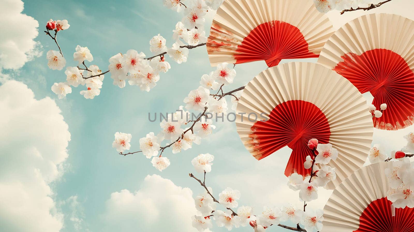 Red-accented fans float gracefully among delicate cherry blossoms under a bright blue sky in a tranquil spring scene.