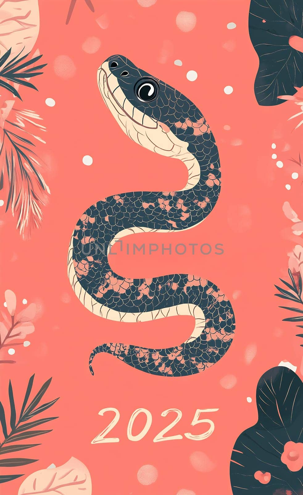 A colorful snake illustration coils gracefully against a coral background, adorned with tropical leaves, marking the year 2025.