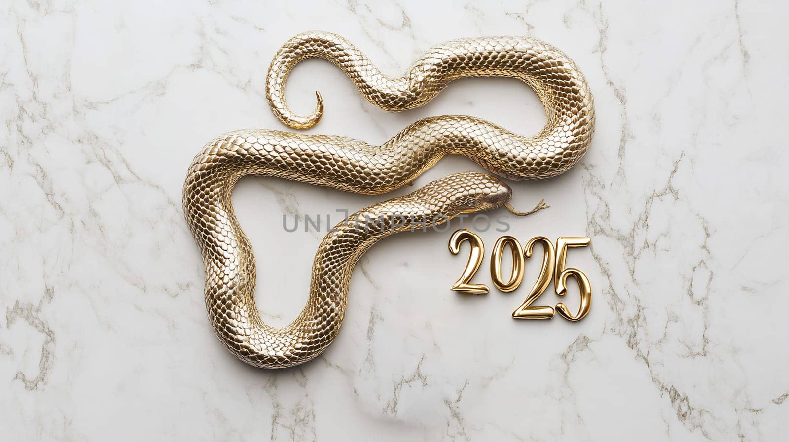 A shimmering golden snake wraps around the number 2025, evoking themes of renewal, strength, and prosperity against a marble surface.