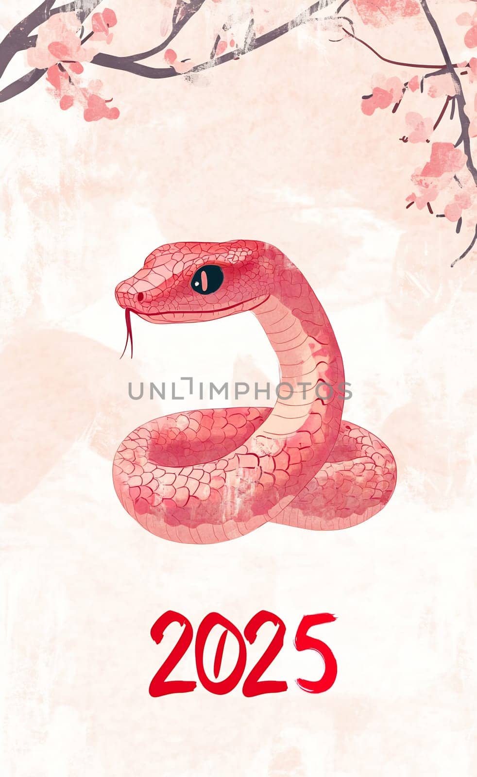 A pink snake coiled gracefully, representing the zodiac for 2025, surrounded by delicate cherry blossoms enhancing the atmosphere.