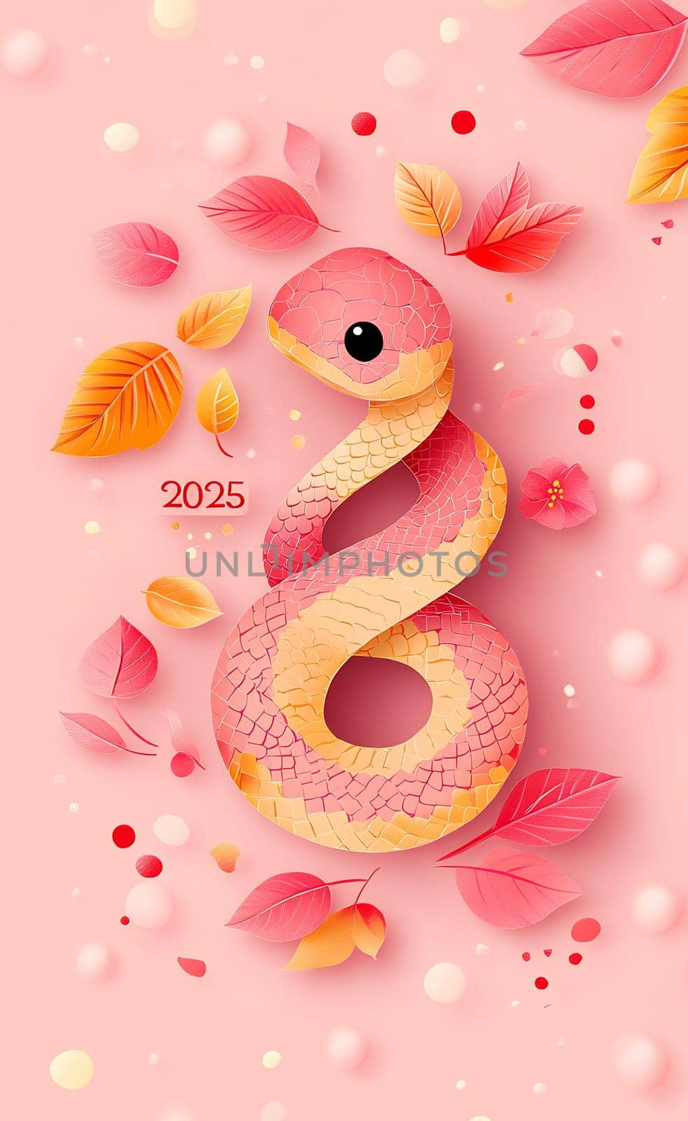 A pink snake is coiled gracefully among colorful autumn leaves, with the year 2025 artistically incorporated in the composition.