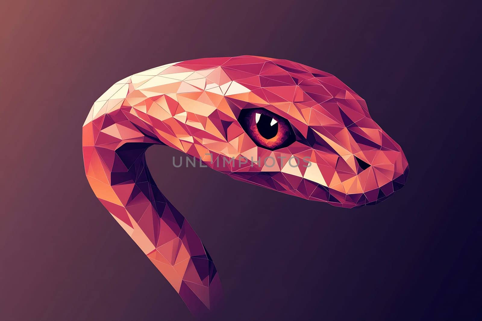 A geometric illustration of a snake's head featuring vivid colors and sharp angles, set on a dark backdrop creating a striking contrast.