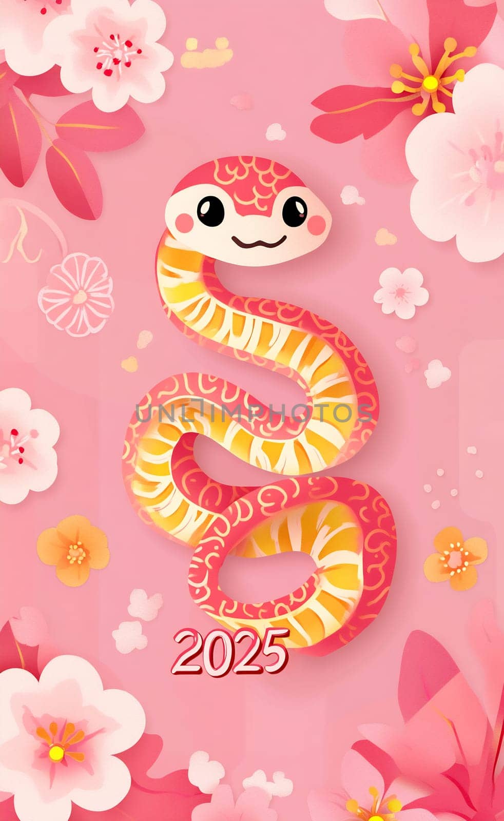 A cheerful, cartoon-style snake for 2025 is surrounded by vibrant floral patterns on a bright pink backdrop.