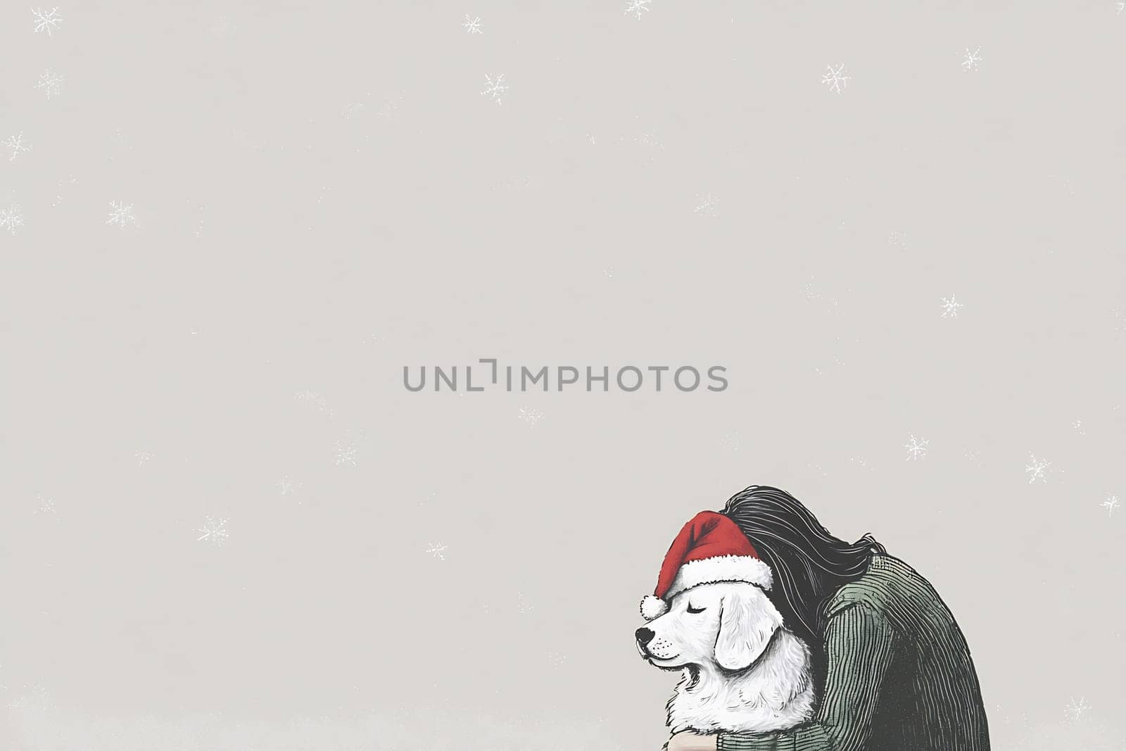 A joyful moment as a person hugs a playful dog adorned with a Santa hat, capturing the spirit of the holiday season.