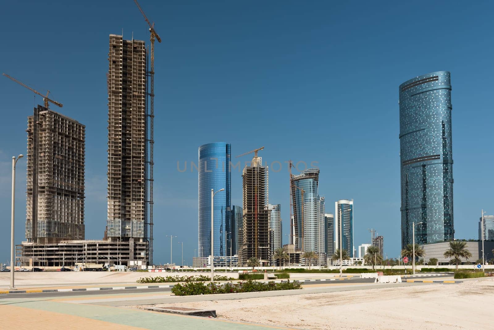 Abu Dhabi new district with skyscrapers construction. United Arab Emirates