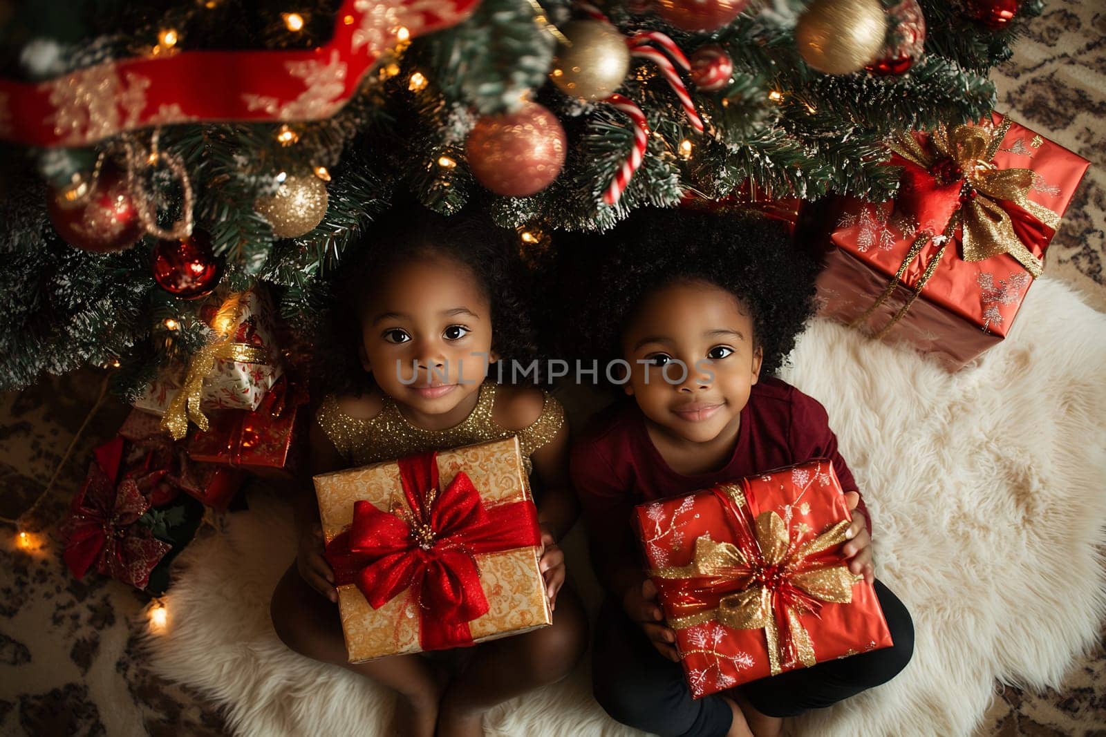 Two young siblings are sitting on a soft blanket, smiling with excitement as they hold colorful Christmas gifts under a beautifully decorated tree.