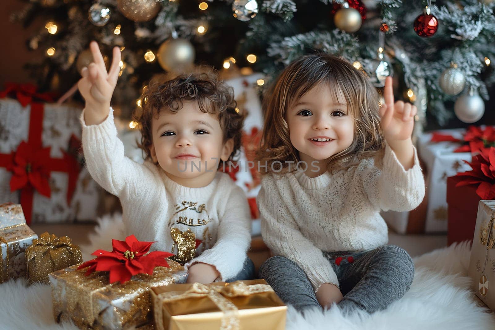 Two smiling kids are seated among presents, joyfully celebrating Christmas while surrounded by holiday decorations.