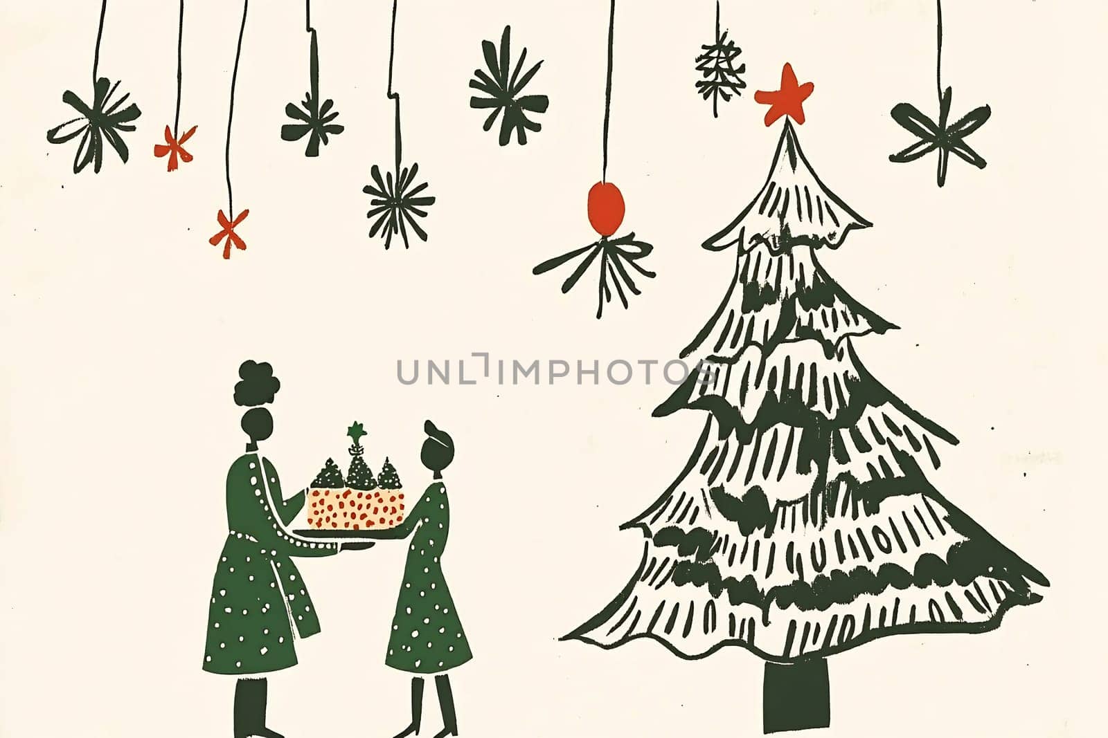 Two women joyfully exchange a decorated cake while festive ornaments hang above, beside a Christmas tree.