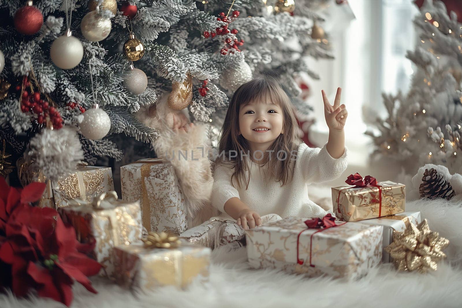 A cheerful young girl poses with a peace sign while nestled among beautifully wrapped gifts and festive decorations.