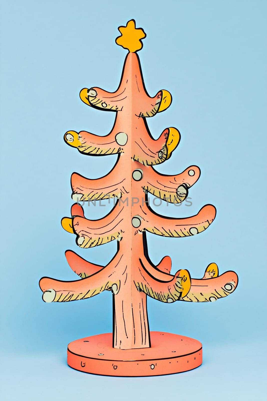 A whimsical Christmas tree stands out against a blue background, featuring colorful branches and a star on top for festive cheer.