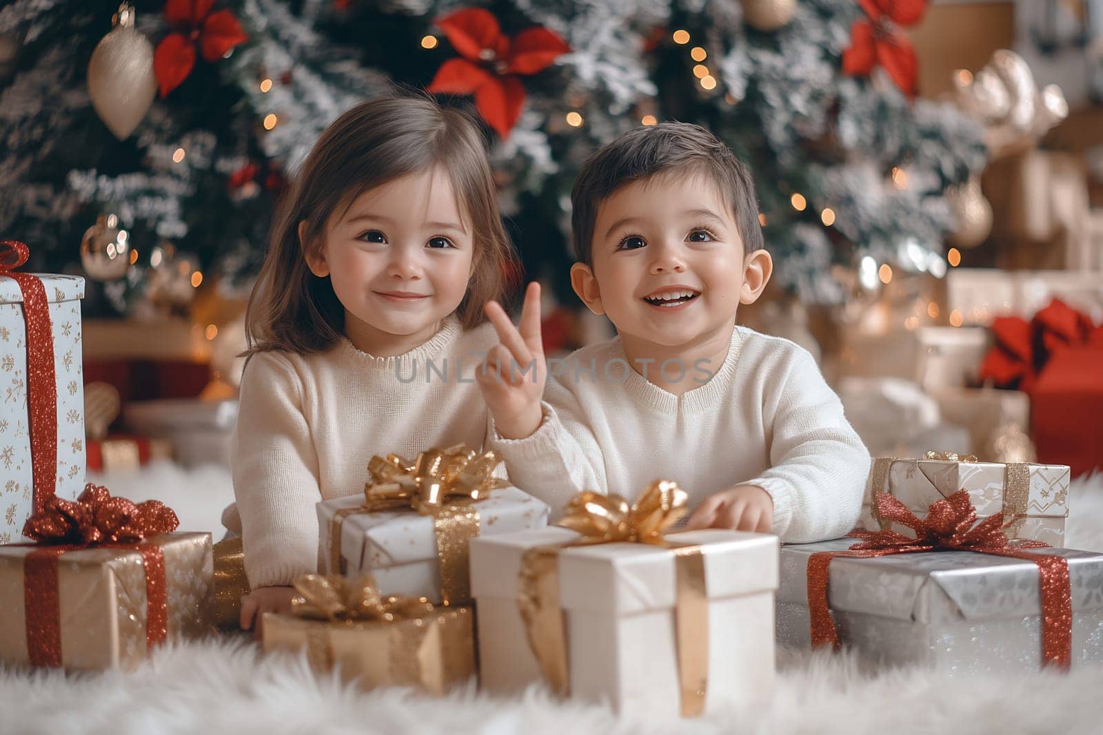 Two young children smile brightly amidst wrapped presents and holiday decorations by a Christmas tree, radiating festive joy.