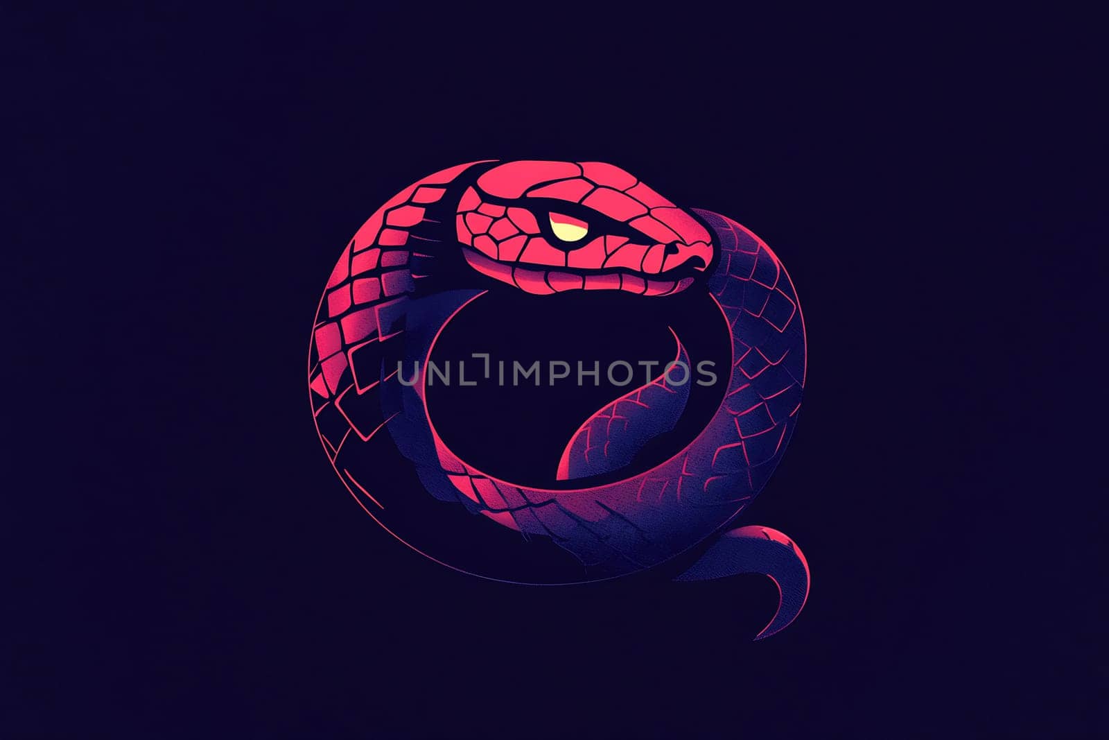 The artwork presents a coiled snake in vivid pink and purple hues, emphasizing its scales and fierce expression in a dark setting.