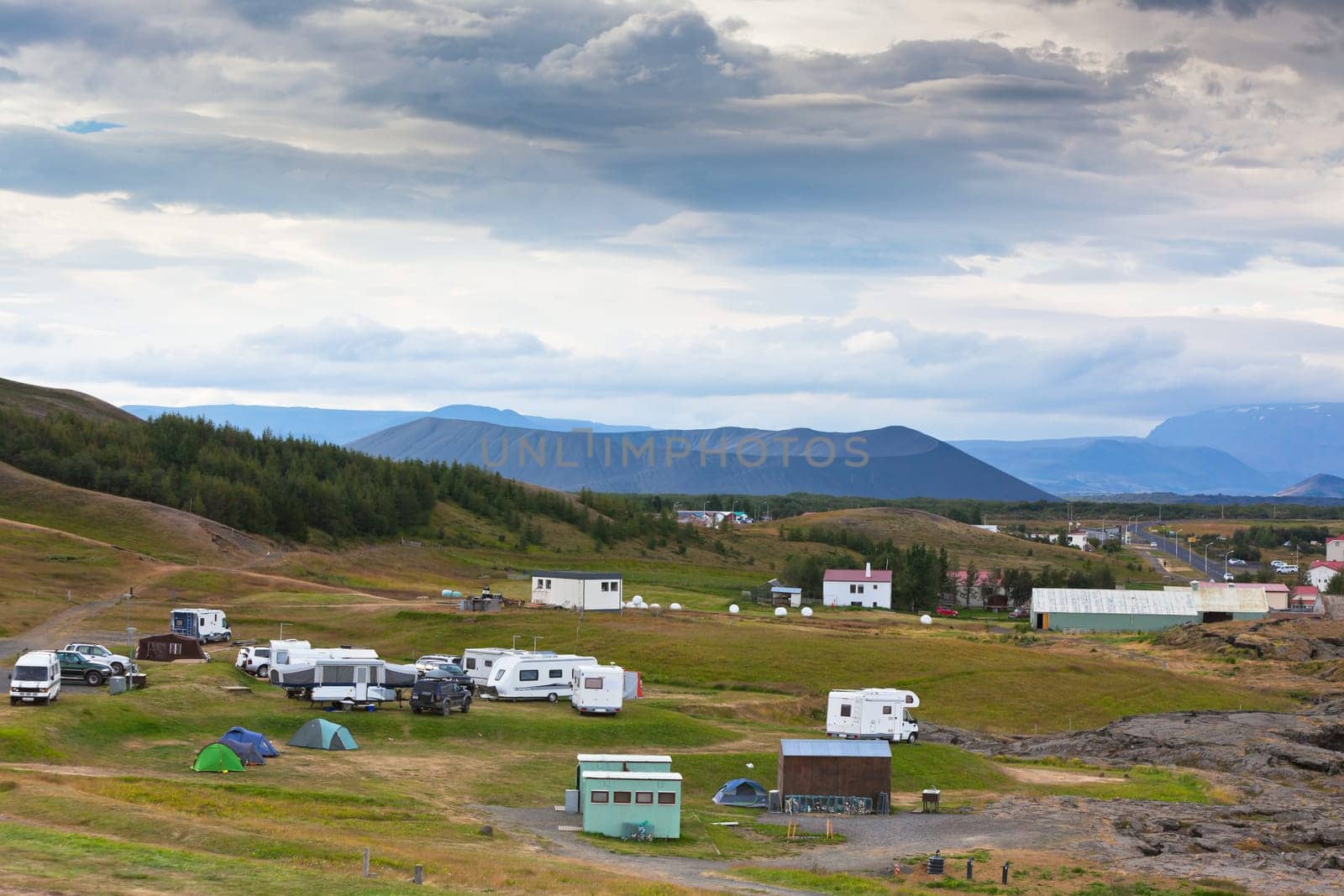 Campsite in Iceland, Mivatn lake area. Overcast weather
