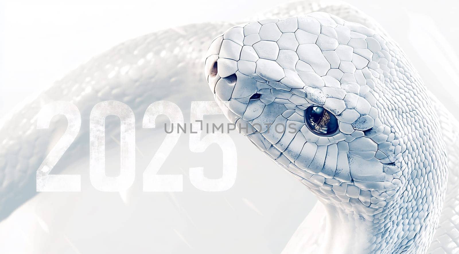 The close-up reveals a white snake with intricate scales, capturing its eye and unique textures against a softly lit background.