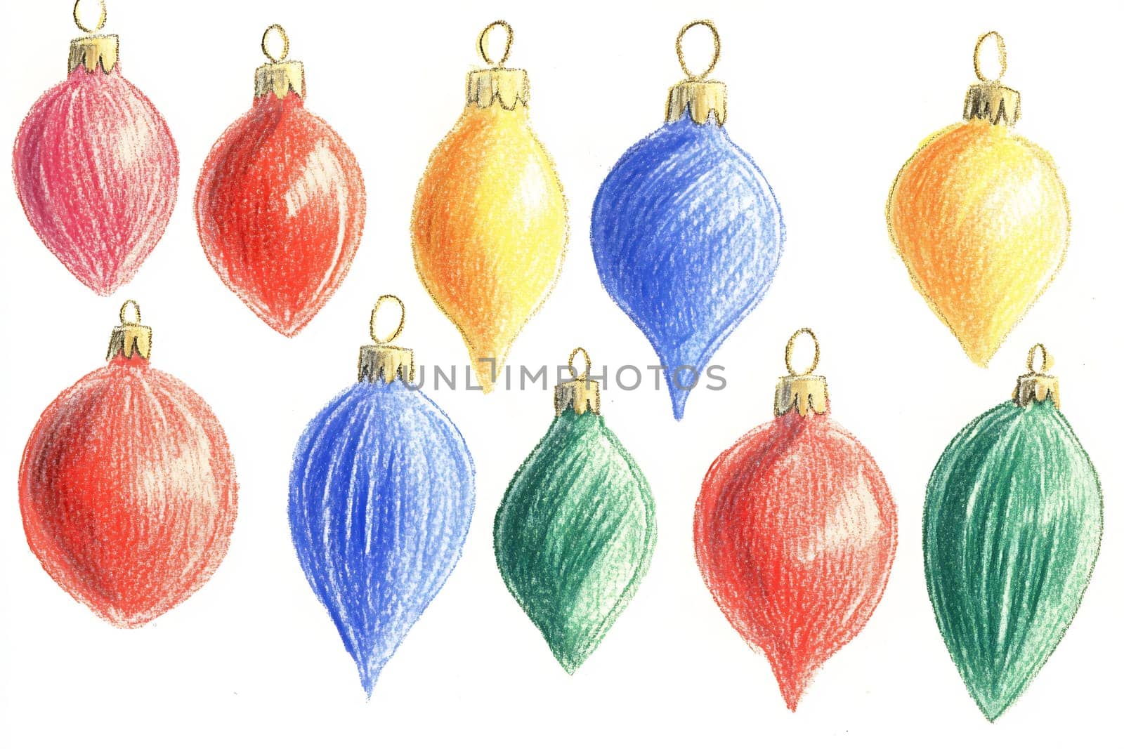 A collection of ten vibrant holiday ornaments in various shapes and colors, perfect for Christmas decoration ideas.