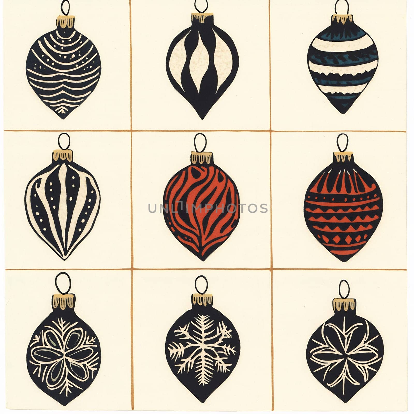 A variety of charming Christmas ornaments in a grid, featuring different patterns and colors perfect for holiday decorating.