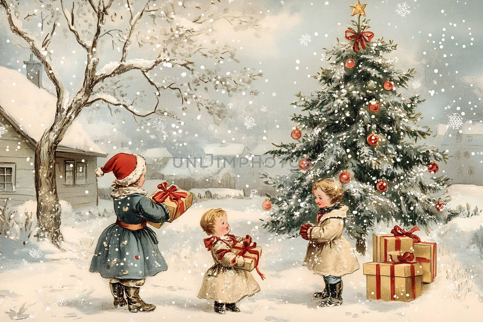 Three children enjoy Christmas in a winter wonderland, surrounded by snow, a beautifully decorated tree, and presents.