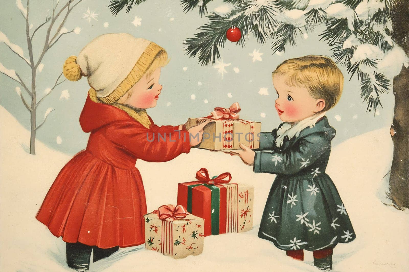Two children joyfully exchange wrapped presents in a snowy landscape, celebrating the festive spirit of Christmas.